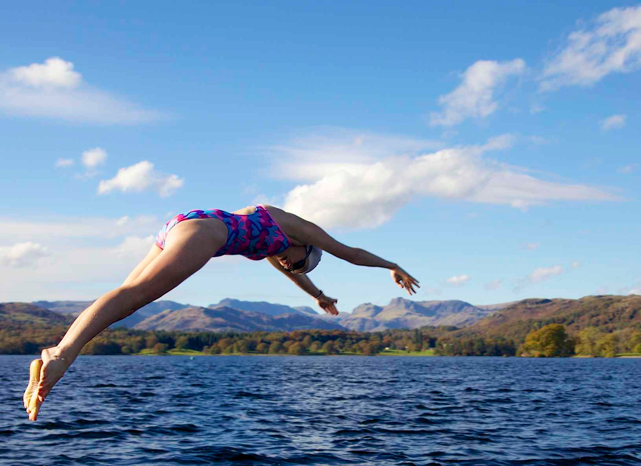 Taking the plunge in Windermere at Low Wood Bay