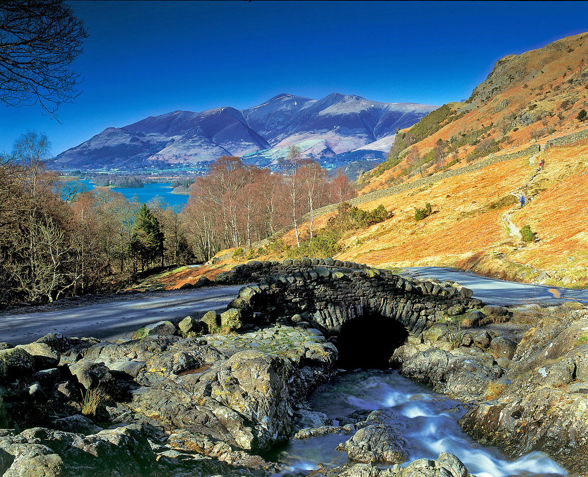 Looking over Ashness Bridge to Derwent Water and Skiddaw, the Lake District