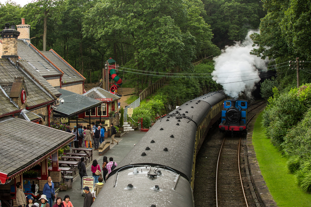 People waiting for Lakeside and Haverthwaite Railway train.