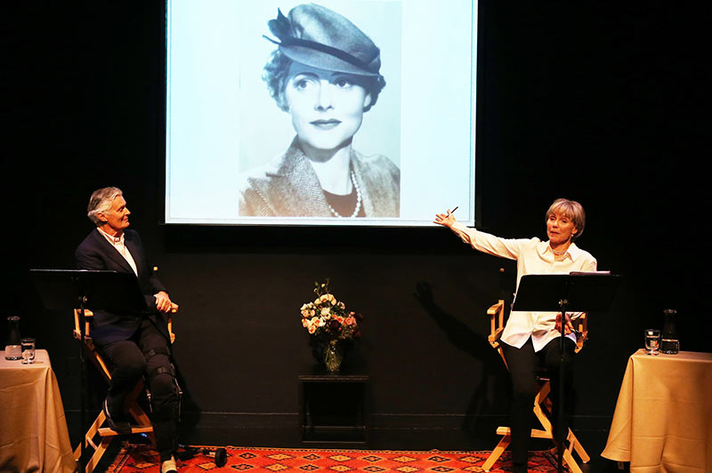 Lucy and Peter Fleming on stage with an image of Lucy's mother Celia Johnson