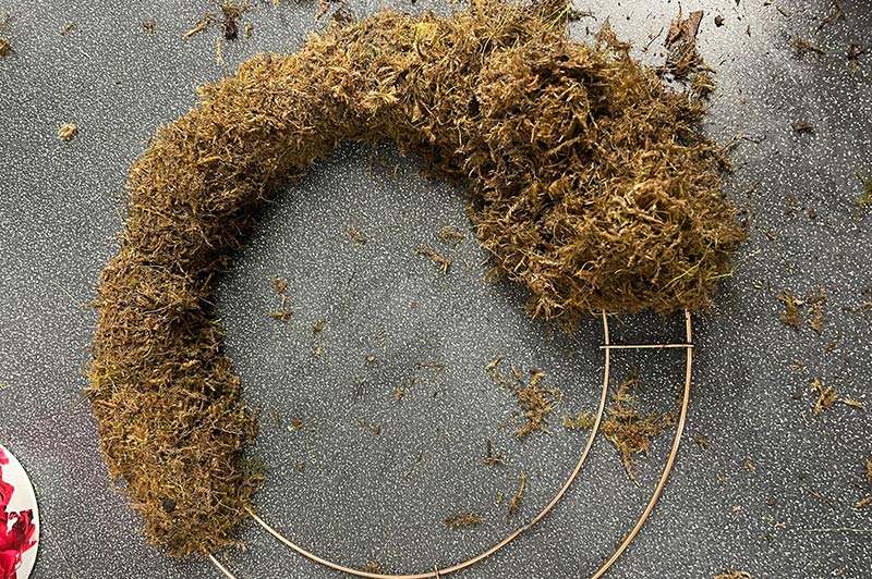The wreath wire frame part filled with moss.